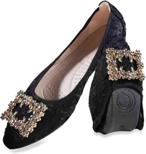 Women's Flats, Foldable Ballet Flats for Women, Fashion Buckle Pionted Toe Comfort Light Weight Slip-On Dress Shoes