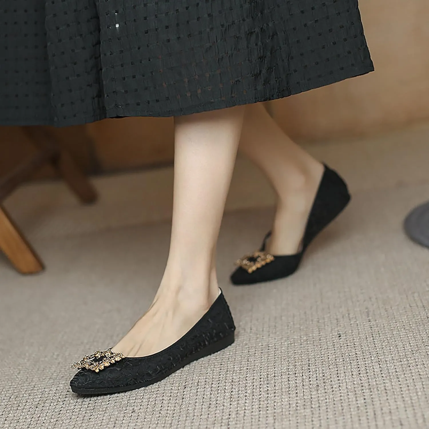 Women's Flats, Foldable Ballet Flats for Women, Fashion Buckle Pionted Toe Comfort Light Weight Slip-On Dress Shoes