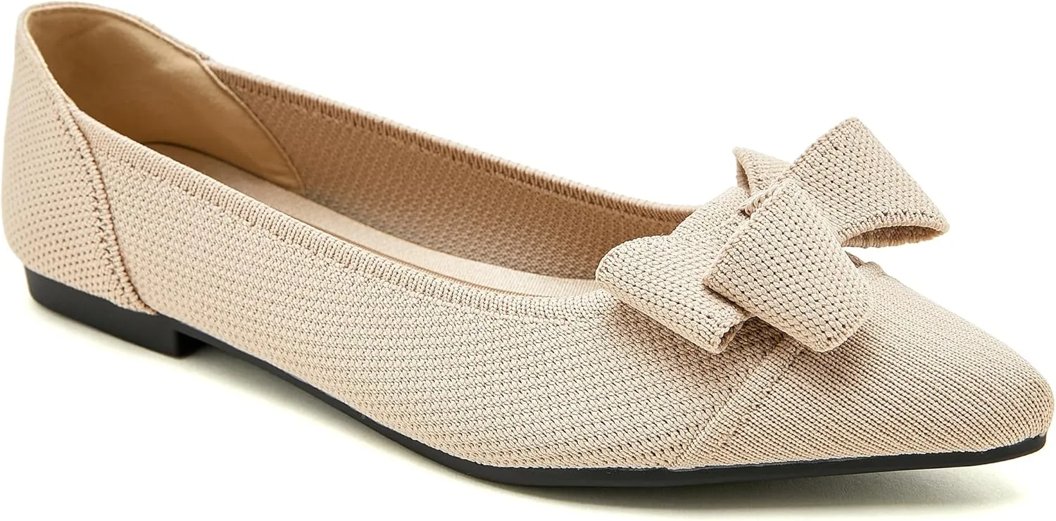 Womens Flats Shoes Pointed Toe Knit Mesh Ballet Flats with Bowknot Comfortable Dressy Washable Flat