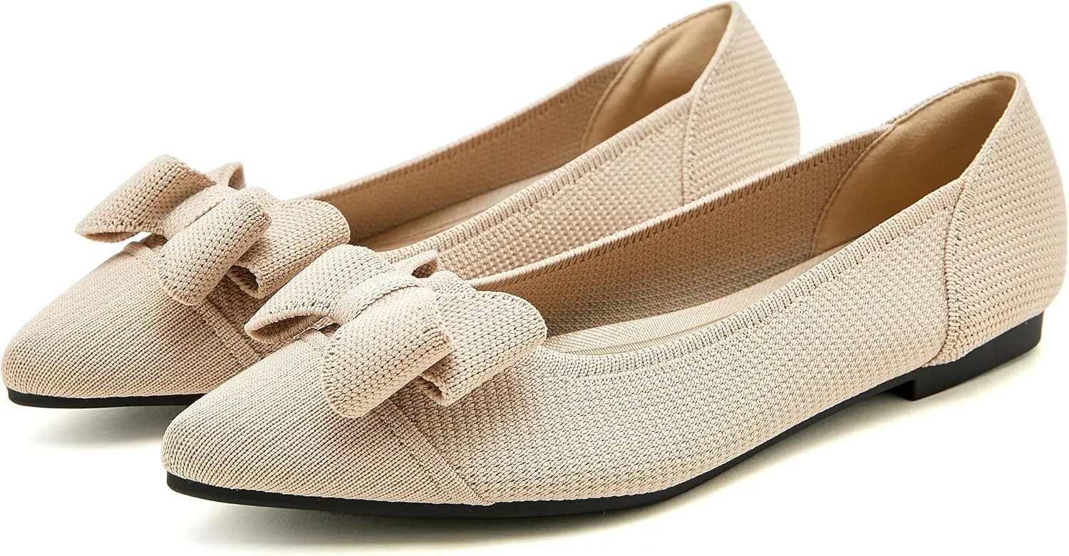 Womens Flats Shoes Pointed Toe Knit Mesh Ballet Flats with Bowknot Comfortable Dressy Washable Flat