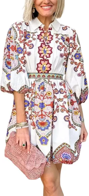 Women's Floral Print Button Up Shirt Dress with Elastic Waist and Pockets Boho Chic Summer Outfit 2025