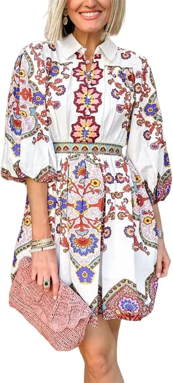 Women's Floral Print Button Up Shirt Dress with Elastic Waist and Pockets Boho Chic Summer Outfit 2025