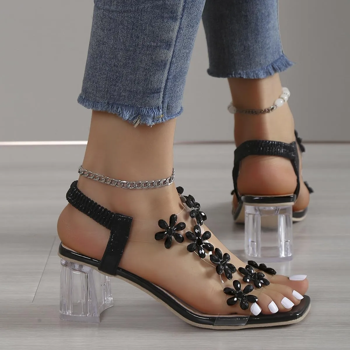 Women's Flower Rhinestone Block Heel Sandals, 2024 New Flower Rhinestone Block Heel Sandals Women-Party Wedding Sandals