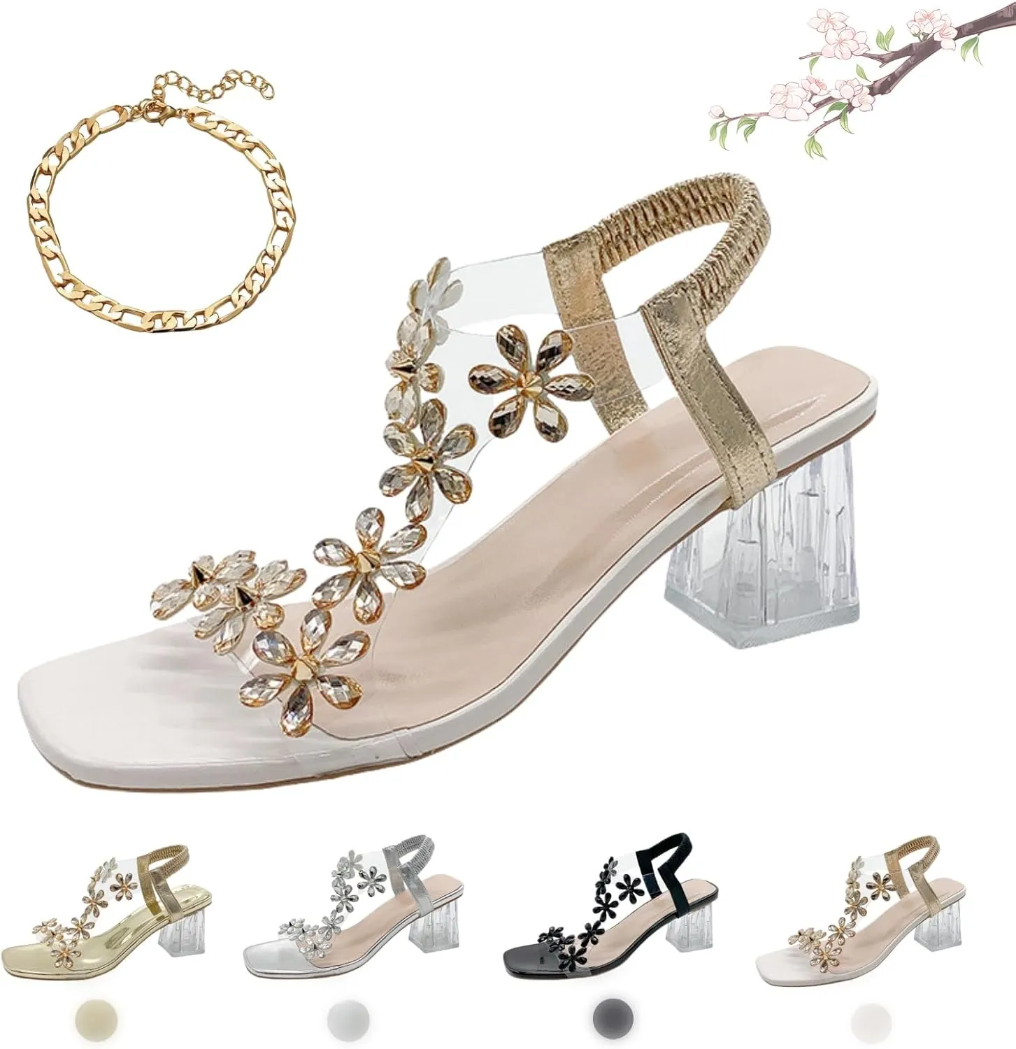 Women's Flower Rhinestone Block Heel Sandals, 2024 New Flower Rhinestone Block Heel Sandals Women-Party Wedding Sandals