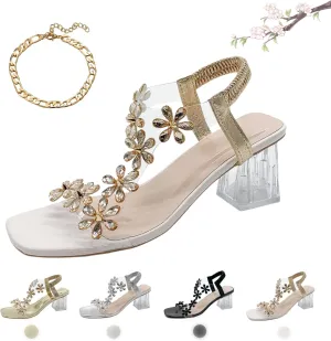 Women's Flower Rhinestone Block Heel Sandals, 2024 New Flower Rhinestone Block Heel Sandals Women-Party Wedding Sandals
