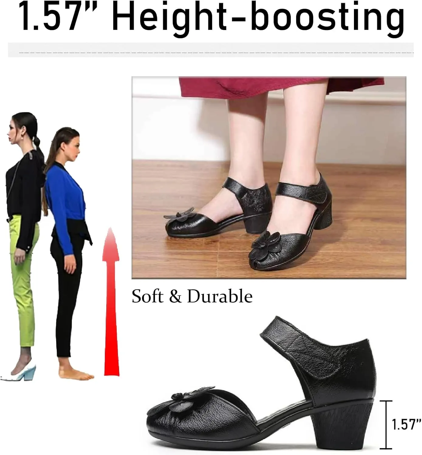 Women's Flowers Genuine Leather Block Heel Sandals with Hook Loop Retro Comfortable Closed Round Toe Backless Mid Heels Pumps for Summer Prom Party Dress Shoes