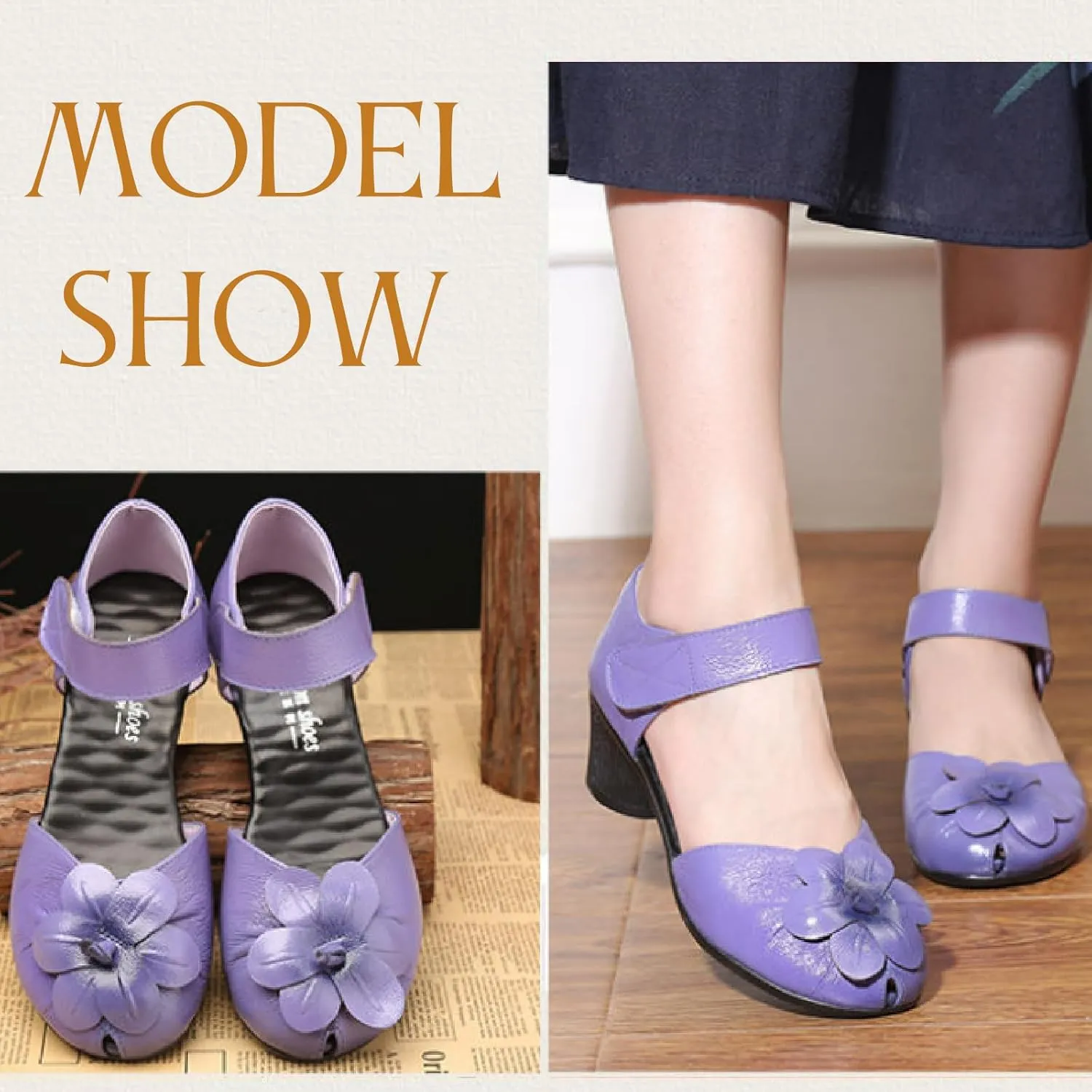 Women's Flowers Genuine Leather Block Heel Sandals with Hook Loop Retro Comfortable Closed Round Toe Backless Mid Heels Pumps for Summer Prom Party Dress Shoes