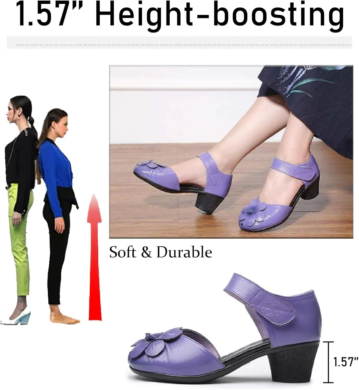 Women's Flowers Genuine Leather Block Heel Sandals with Hook Loop Retro Comfortable Closed Round Toe Backless Mid Heels Pumps for Summer Prom Party Dress Shoes