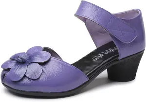 Women's Flowers Genuine Leather Block Heel Sandals with Hook Loop Retro Comfortable Closed Round Toe Backless Mid Heels Pumps for Summer Prom Party Dress Shoes