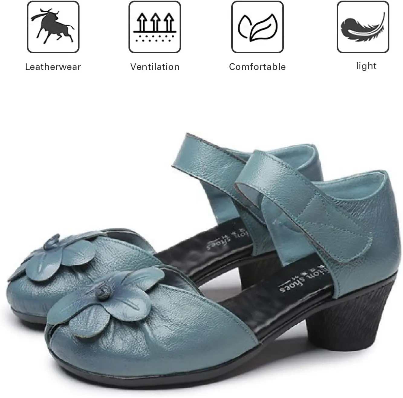 Women's Flowers Genuine Leather Block Heel Sandals with Hook Loop Retro Comfortable Closed Round Toe Backless Mid Heels Pumps for Summer Prom Party Dress Shoes