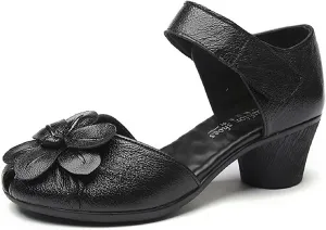 Women's Flowers Genuine Leather Block Heel Sandals with Hook Loop Retro Comfortable Closed Round Toe Backless Mid Heels Pumps for Summer Prom Party Dress Shoes