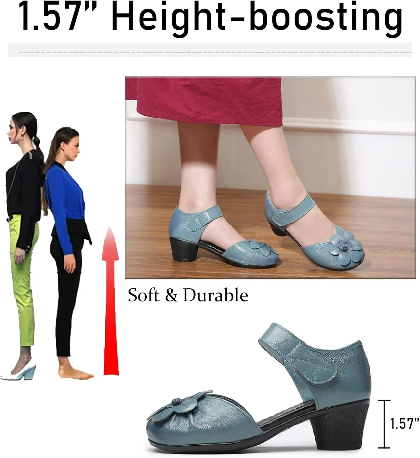 Women's Flowers Genuine Leather Block Heel Sandals with Hook Loop Retro Comfortable Closed Round Toe Backless Mid Heels Pumps for Summer Prom Party Dress Shoes