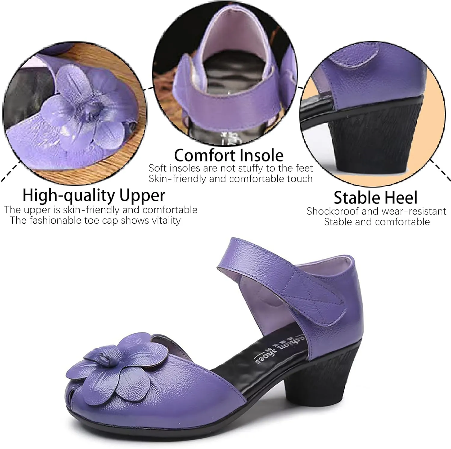 Women's Flowers Genuine Leather Block Heel Sandals with Hook Loop Retro Comfortable Closed Round Toe Backless Mid Heels Pumps for Summer Prom Party Dress Shoes