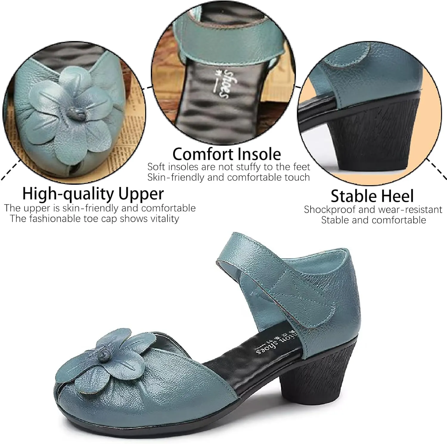 Women's Flowers Genuine Leather Block Heel Sandals with Hook Loop Retro Comfortable Closed Round Toe Backless Mid Heels Pumps for Summer Prom Party Dress Shoes