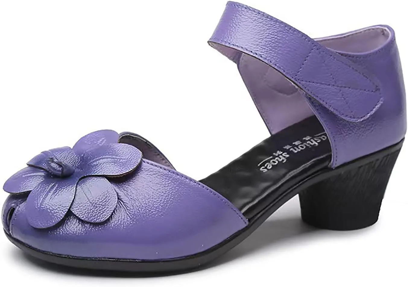Women's Flowers Genuine Leather Block Heel Sandals with Hook Loop Retro Comfortable Closed Round Toe Backless Mid Heels Pumps for Summer Prom Party Dress Shoes