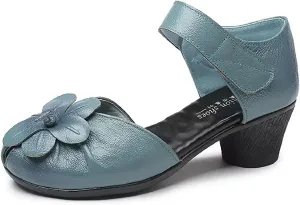 Women's Flowers Genuine Leather Block Heel Sandals with Hook Loop Retro Comfortable Closed Round Toe Backless Mid Heels Pumps for Summer Prom Party Dress Shoes