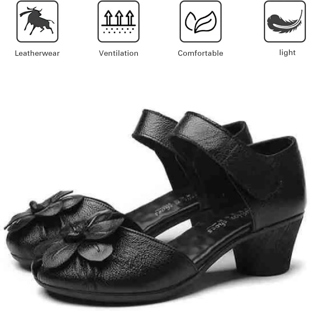 Women's Flowers Genuine Leather Block Heel Sandals with Hook Loop Retro Comfortable Closed Round Toe Backless Mid Heels Pumps for Summer Prom Party Dress Shoes
