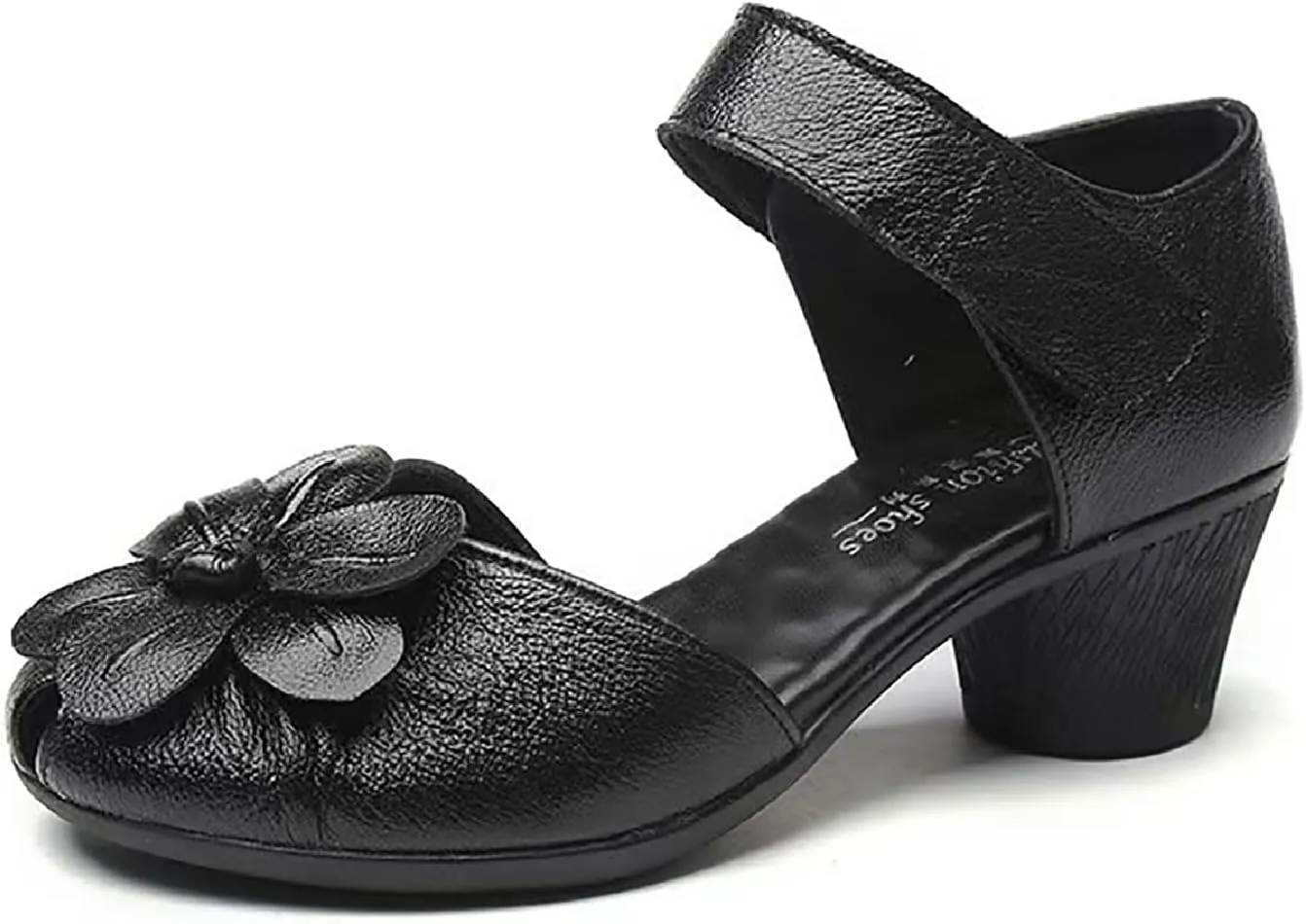 Women's Flowers Genuine Leather Block Heel Sandals with Hook Loop Retro Comfortable Closed Round Toe Backless Mid Heels Pumps for Summer Prom Party Dress Shoes