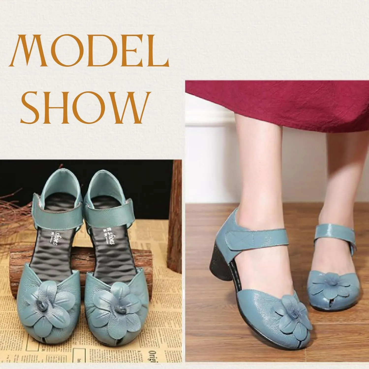 Women's Flowers Genuine Leather Block Heel Sandals with Hook Loop Retro Comfortable Closed Round Toe Backless Mid Heels Pumps for Summer Prom Party Dress Shoes