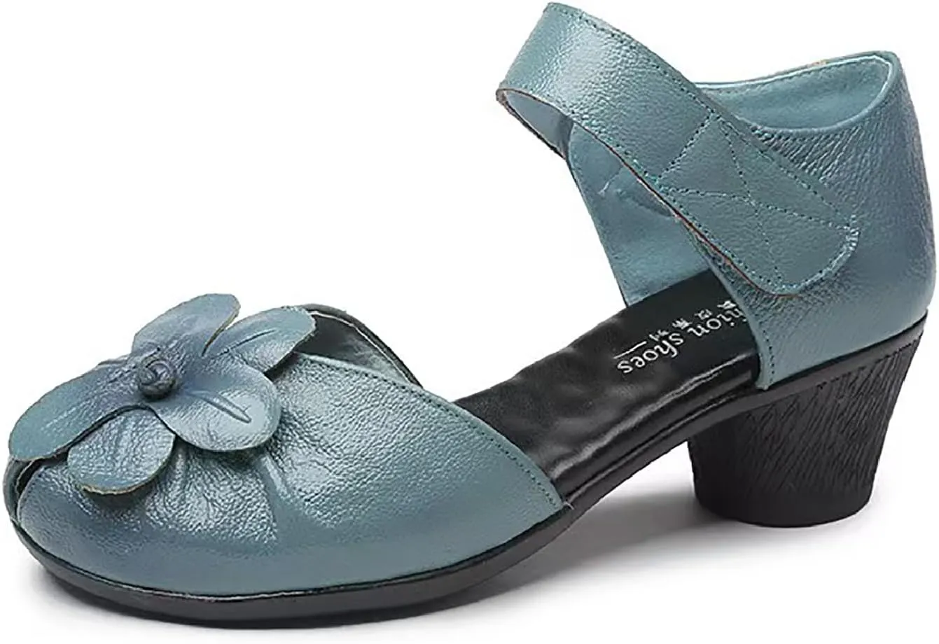 Women's Flowers Genuine Leather Block Heel Sandals with Hook Loop Retro Comfortable Closed Round Toe Backless Mid Heels Pumps for Summer Prom Party Dress Shoes