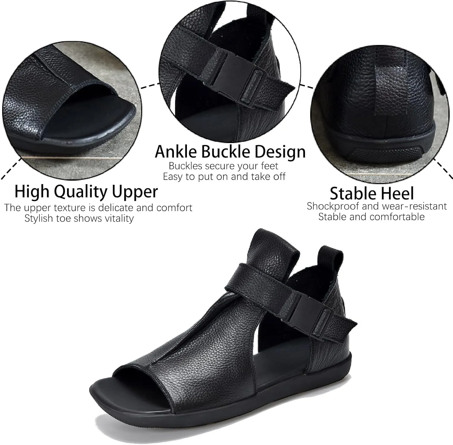 Women's Genuine Leather Fish Mouth Rome Sandals With Ankle Buckle Fashion Comfort Hollow Out Mid Top Soft Platform Gladiator Sandals for Summer Outdoor Casual Walking Sandals