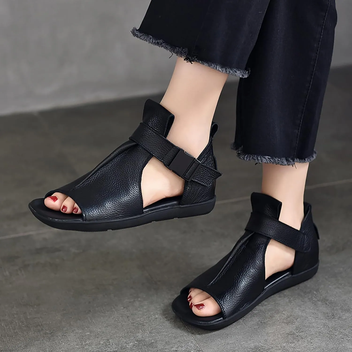 Women's Genuine Leather Fish Mouth Rome Sandals With Ankle Buckle Fashion Comfort Hollow Out Mid Top Soft Platform Gladiator Sandals for Summer Outdoor Casual Walking Sandals