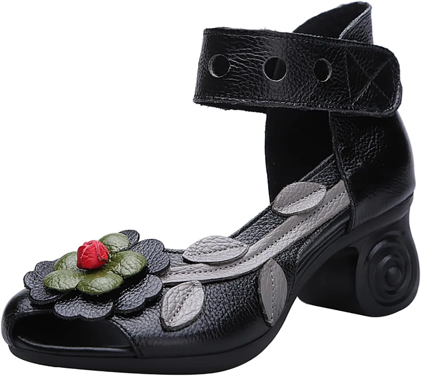Women's Genuine Leather Flowers Chunky Heels Sandals Fashion Comfortable Open Toe Hook Loop Mid Heel Pumps Casual Dress Mom Shoes