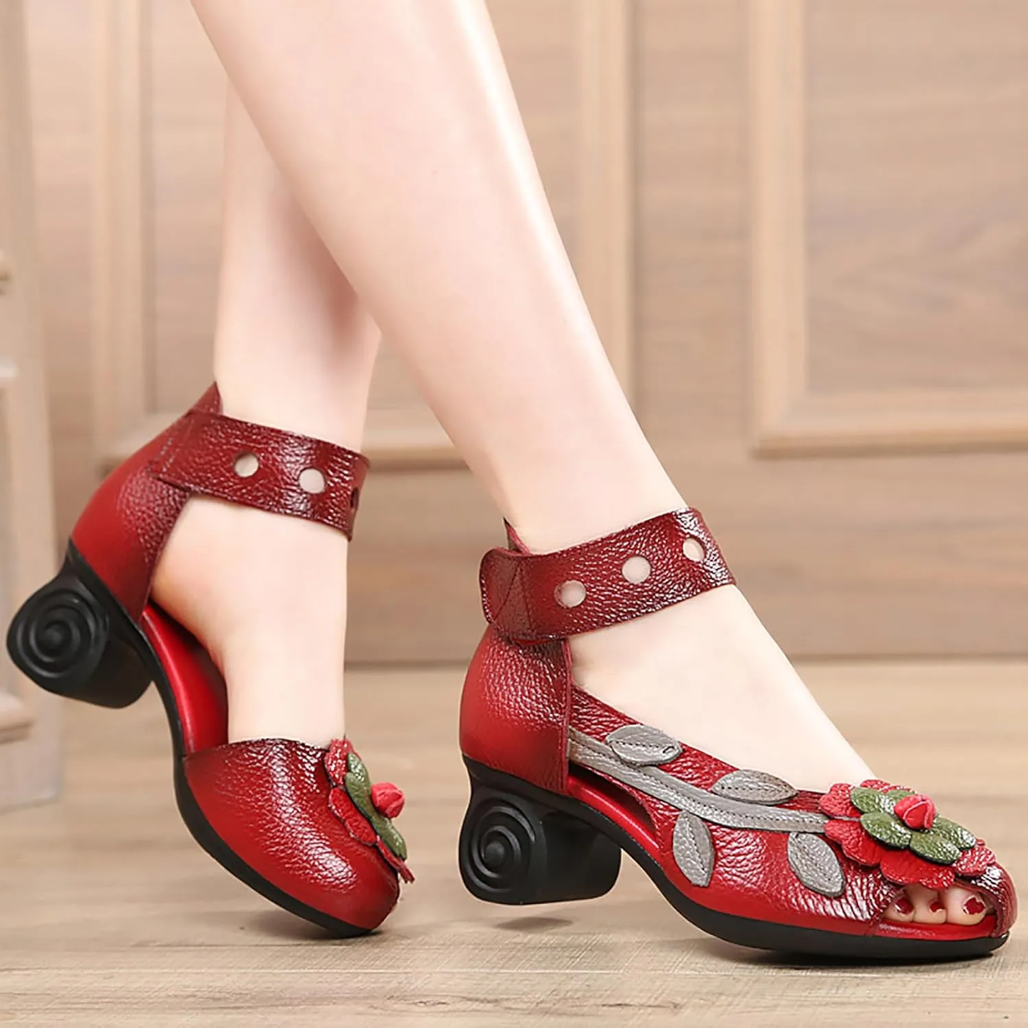 Women's Genuine Leather Flowers Chunky Heels Sandals Fashion Comfortable Open Toe Hook Loop Mid Heel Pumps Casual Dress Mom Shoes