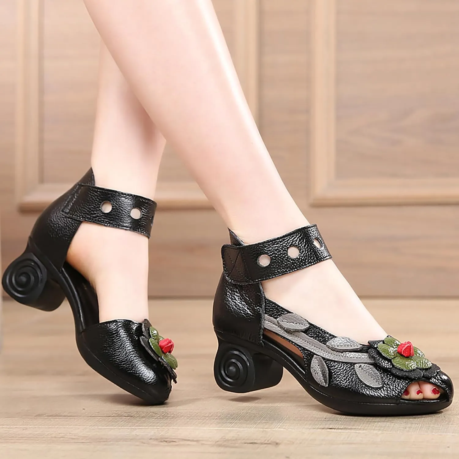 Women's Genuine Leather Flowers Chunky Heels Sandals Fashion Comfortable Open Toe Hook Loop Mid Heel Pumps Casual Dress Mom Shoes