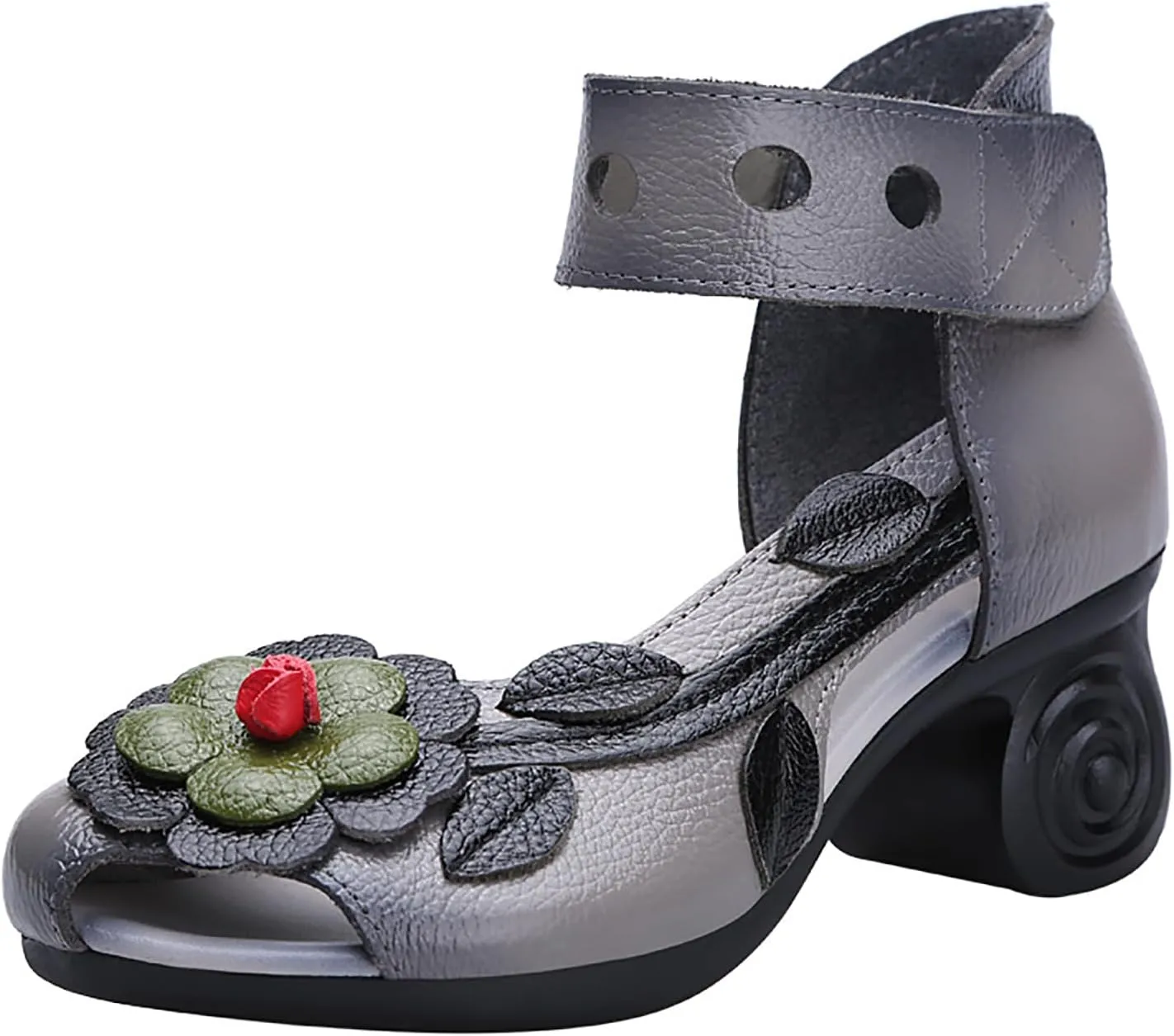 Women's Genuine Leather Flowers Chunky Heels Sandals Fashion Comfortable Open Toe Hook Loop Mid Heel Pumps Casual Dress Mom Shoes