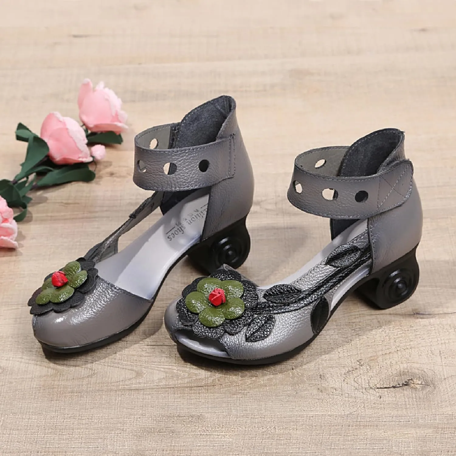 Women's Genuine Leather Flowers Chunky Heels Sandals Fashion Comfortable Open Toe Hook Loop Mid Heel Pumps Casual Dress Mom Shoes