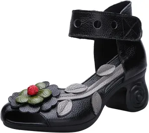Women's Genuine Leather Flowers Chunky Heels Sandals Fashion Comfortable Open Toe Hook Loop Mid Heel Pumps Casual Dress Mom Shoes