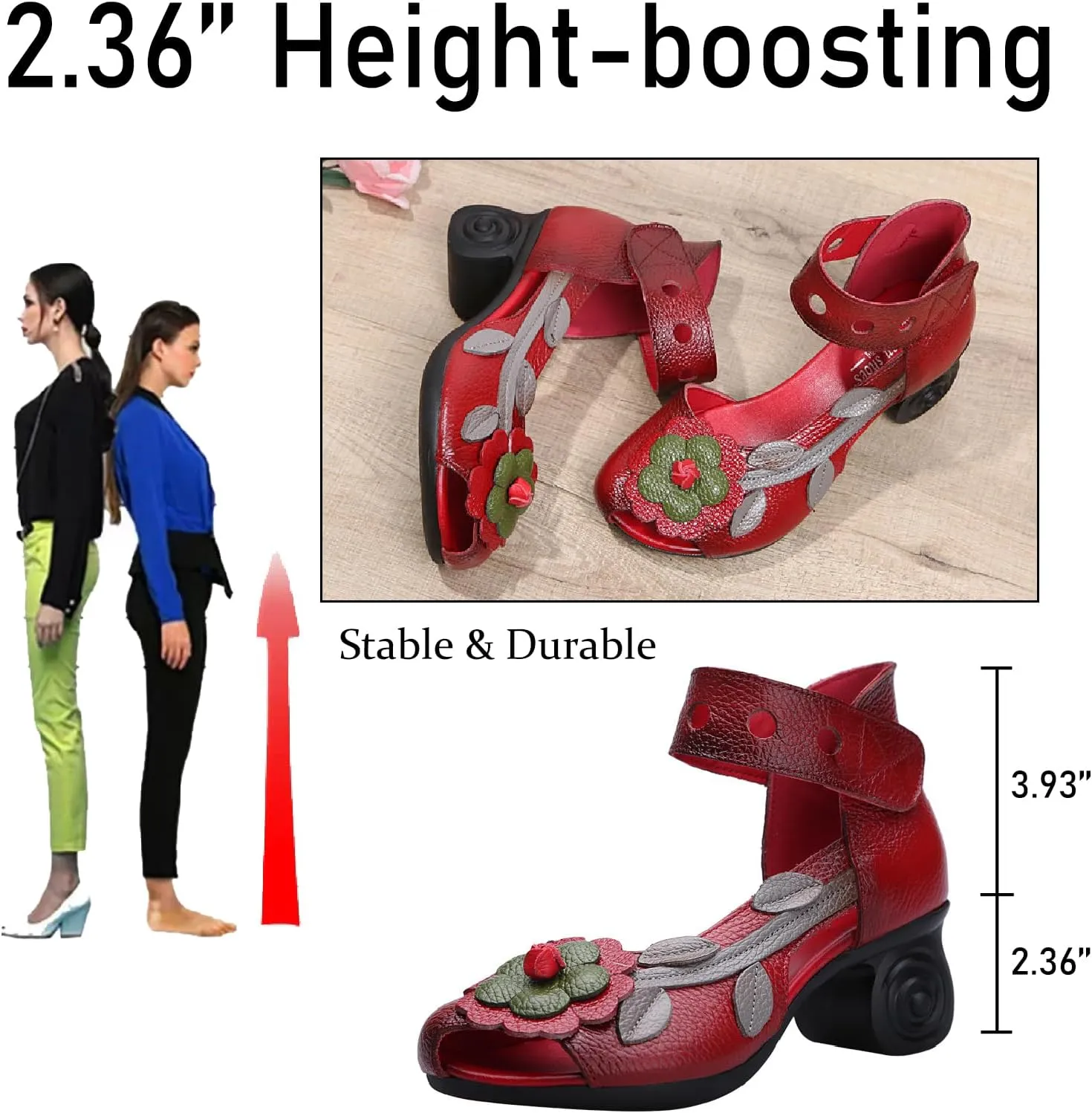 Women's Genuine Leather Flowers Chunky Heels Sandals Fashion Comfortable Open Toe Hook Loop Mid Heel Pumps Casual Dress Mom Shoes