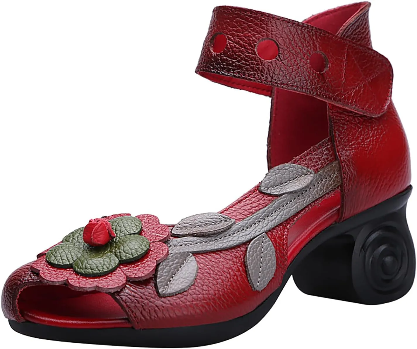 Women's Genuine Leather Flowers Chunky Heels Sandals Fashion Comfortable Open Toe Hook Loop Mid Heel Pumps Casual Dress Mom Shoes
