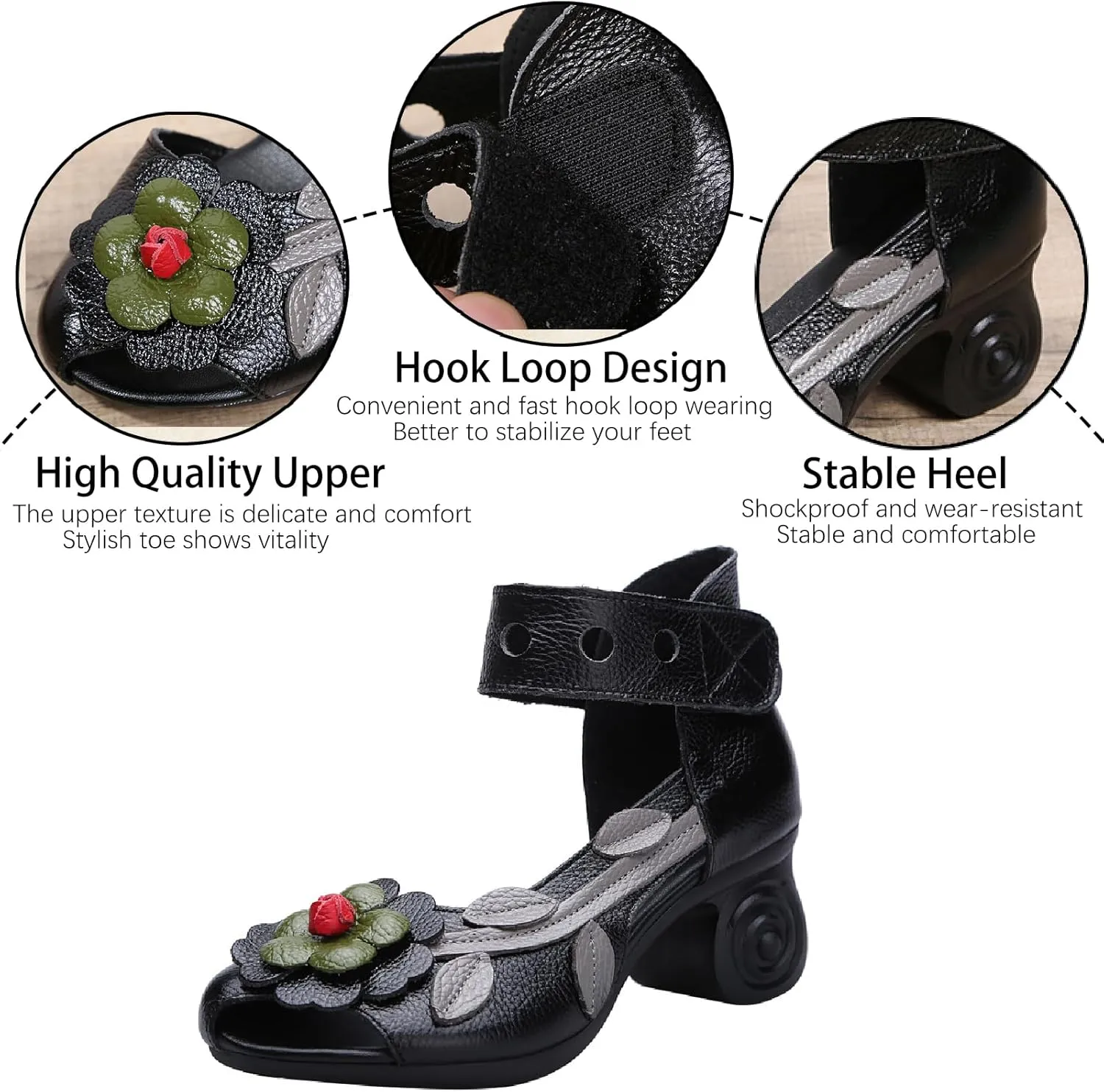 Women's Genuine Leather Flowers Chunky Heels Sandals Fashion Comfortable Open Toe Hook Loop Mid Heel Pumps Casual Dress Mom Shoes