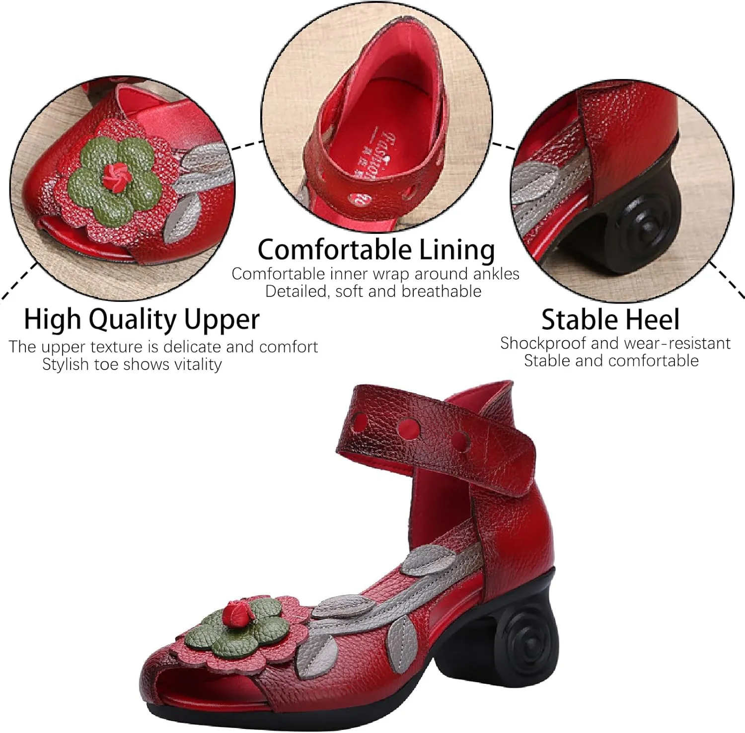 Women's Genuine Leather Flowers Chunky Heels Sandals Fashion Comfortable Open Toe Hook Loop Mid Heel Pumps Casual Dress Mom Shoes