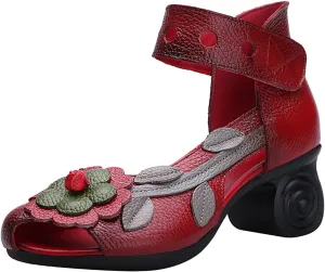 Women's Genuine Leather Flowers Chunky Heels Sandals Fashion Comfortable Open Toe Hook Loop Mid Heel Pumps Casual Dress Mom Shoes