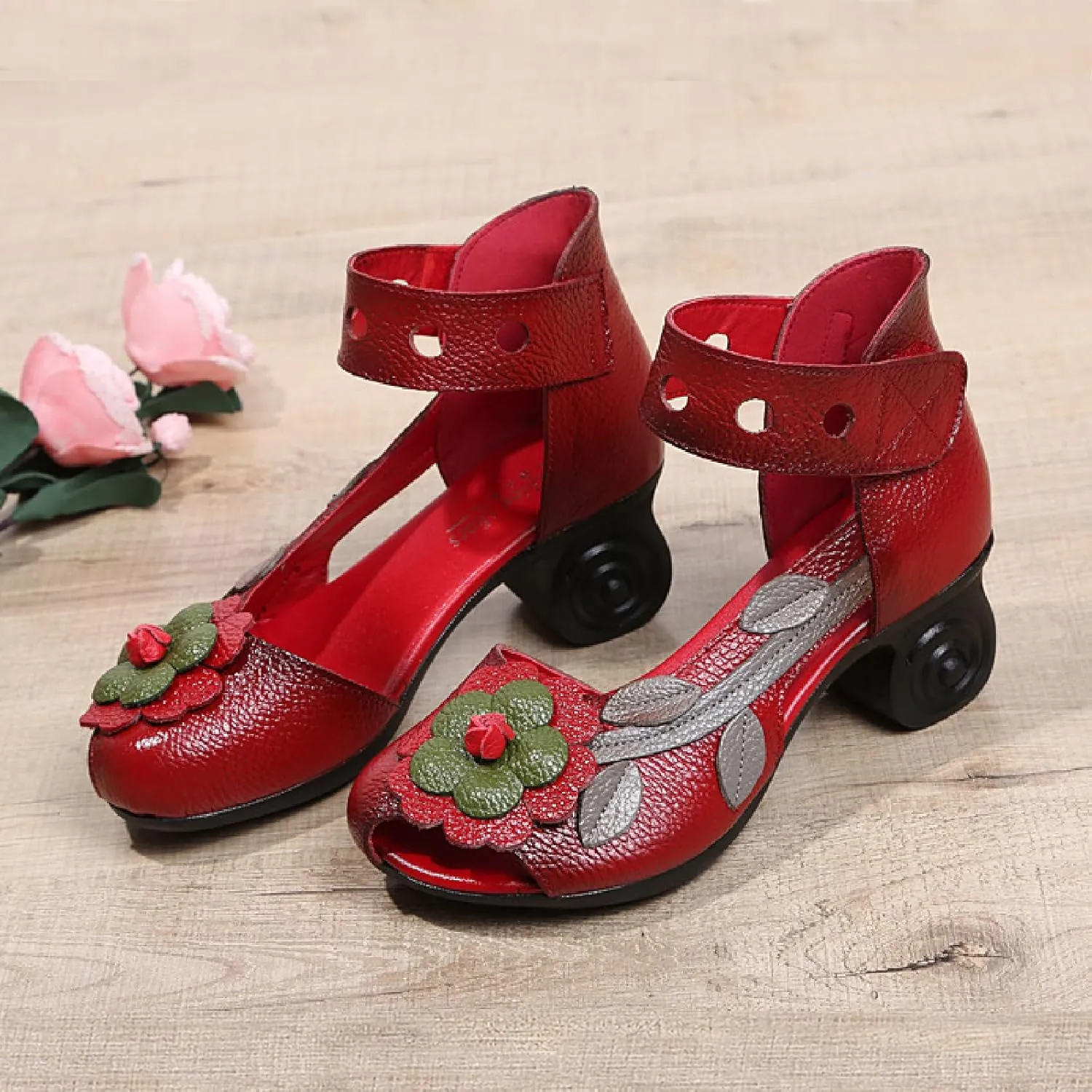 Women's Genuine Leather Flowers Chunky Heels Sandals Fashion Comfortable Open Toe Hook Loop Mid Heel Pumps Casual Dress Mom Shoes