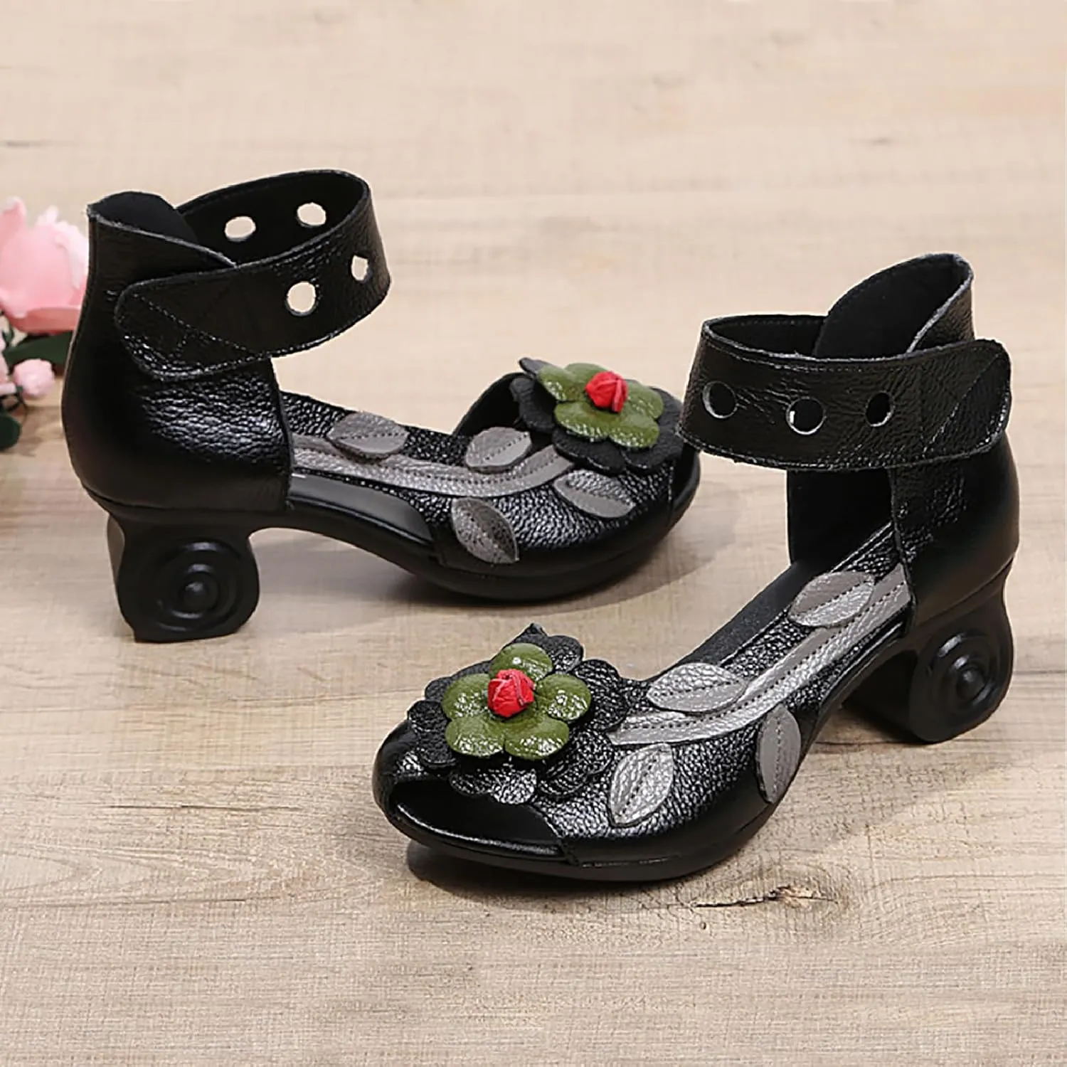 Women's Genuine Leather Flowers Chunky Heels Sandals Fashion Comfortable Open Toe Hook Loop Mid Heel Pumps Casual Dress Mom Shoes