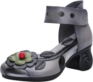 Women's Genuine Leather Flowers Chunky Heels Sandals Fashion Comfortable Open Toe Hook Loop Mid Heel Pumps Casual Dress Mom Shoes