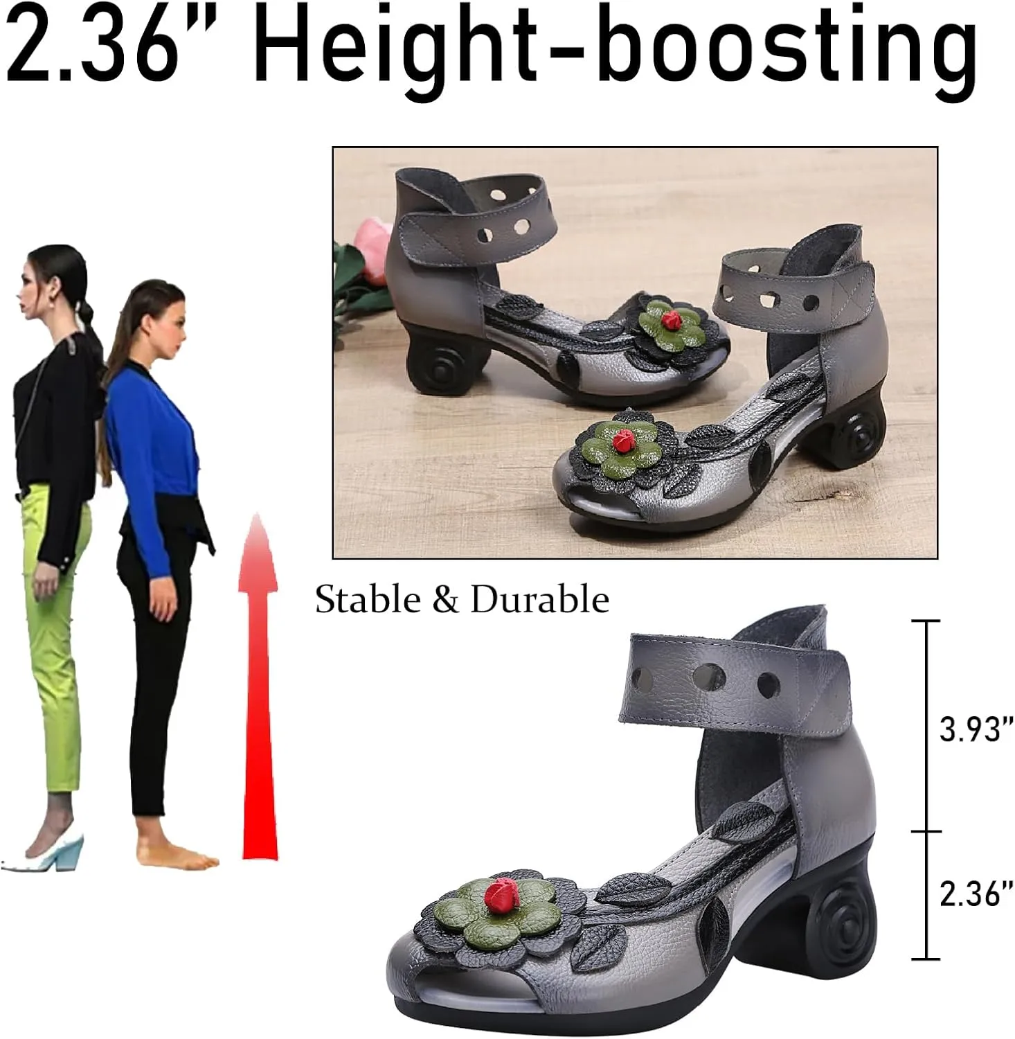 Women's Genuine Leather Flowers Chunky Heels Sandals Fashion Comfortable Open Toe Hook Loop Mid Heel Pumps Casual Dress Mom Shoes