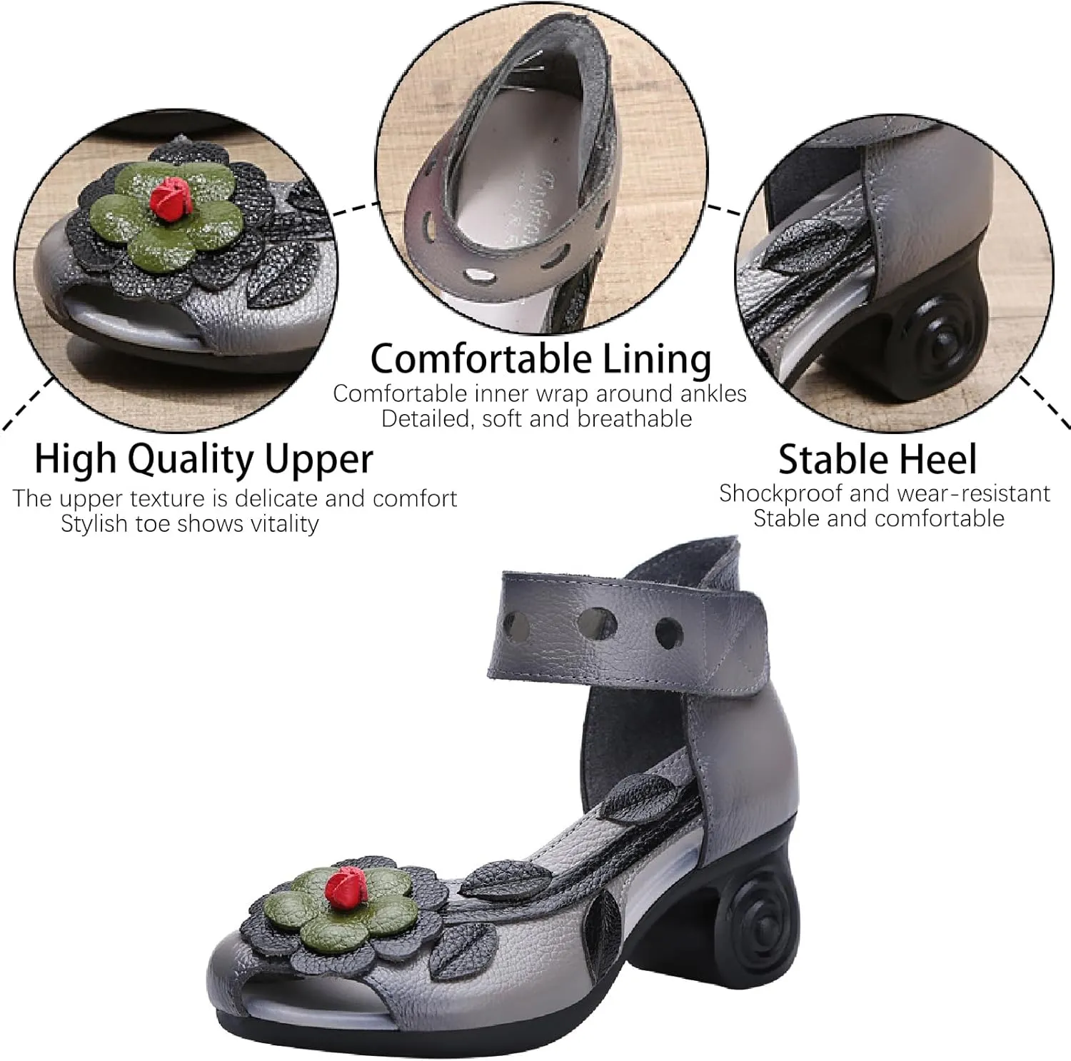Women's Genuine Leather Flowers Chunky Heels Sandals Fashion Comfortable Open Toe Hook Loop Mid Heel Pumps Casual Dress Mom Shoes