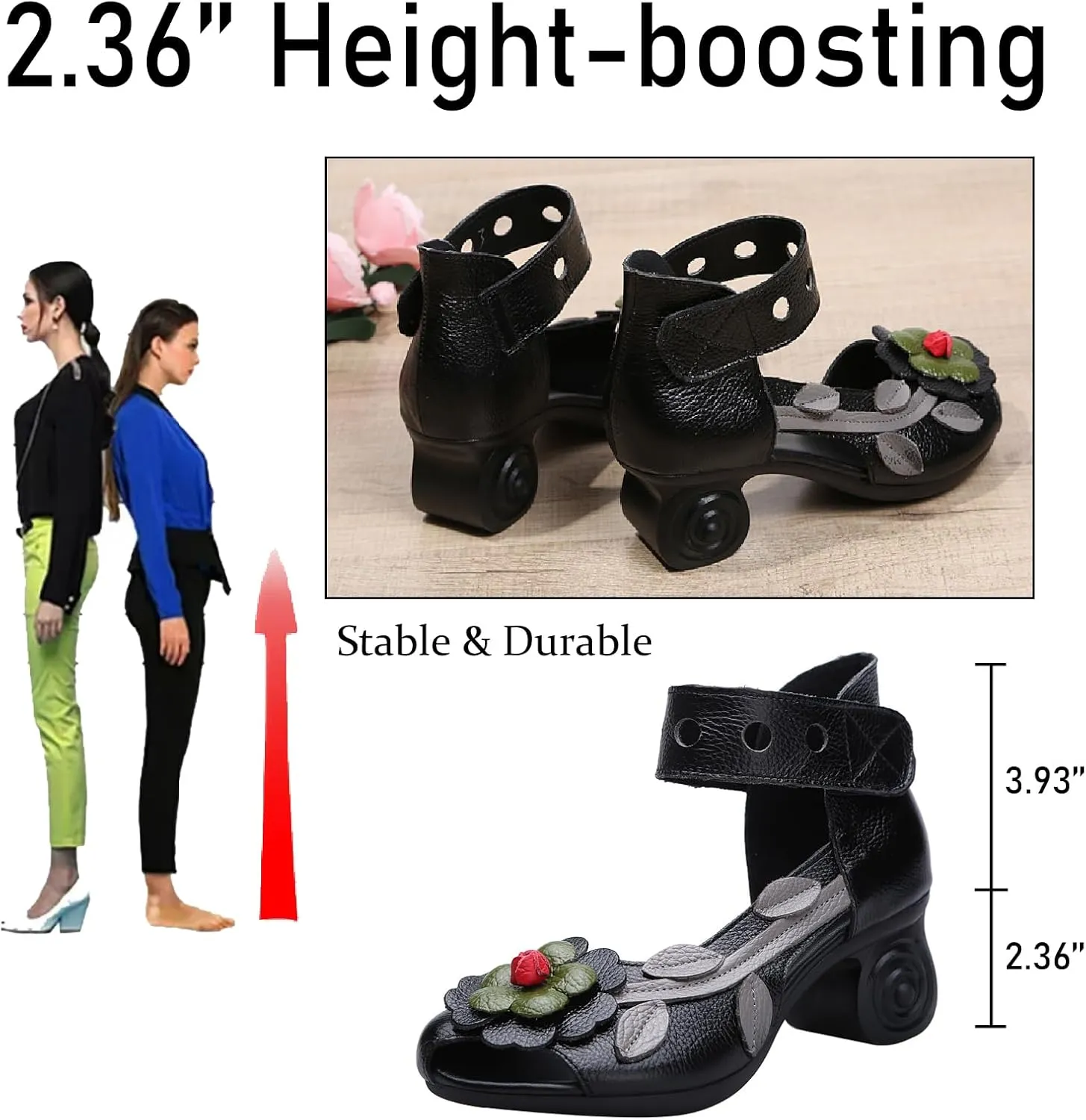 Women's Genuine Leather Flowers Chunky Heels Sandals Fashion Comfortable Open Toe Hook Loop Mid Heel Pumps Casual Dress Mom Shoes