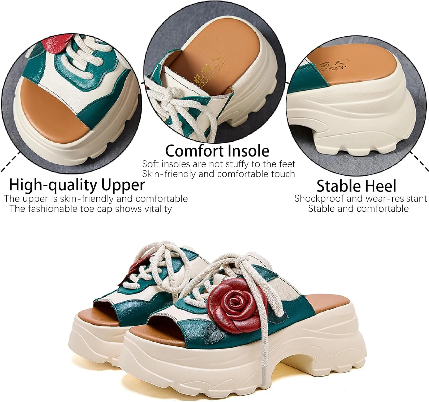 Women's Genuine Leather Flowers Platform Slides Sandals Retro Lace Up Comfortable Open Round Toe Slip-on Chunky Increase Height Slippers Anti-slip Lug Sole Summer Walking Sandals