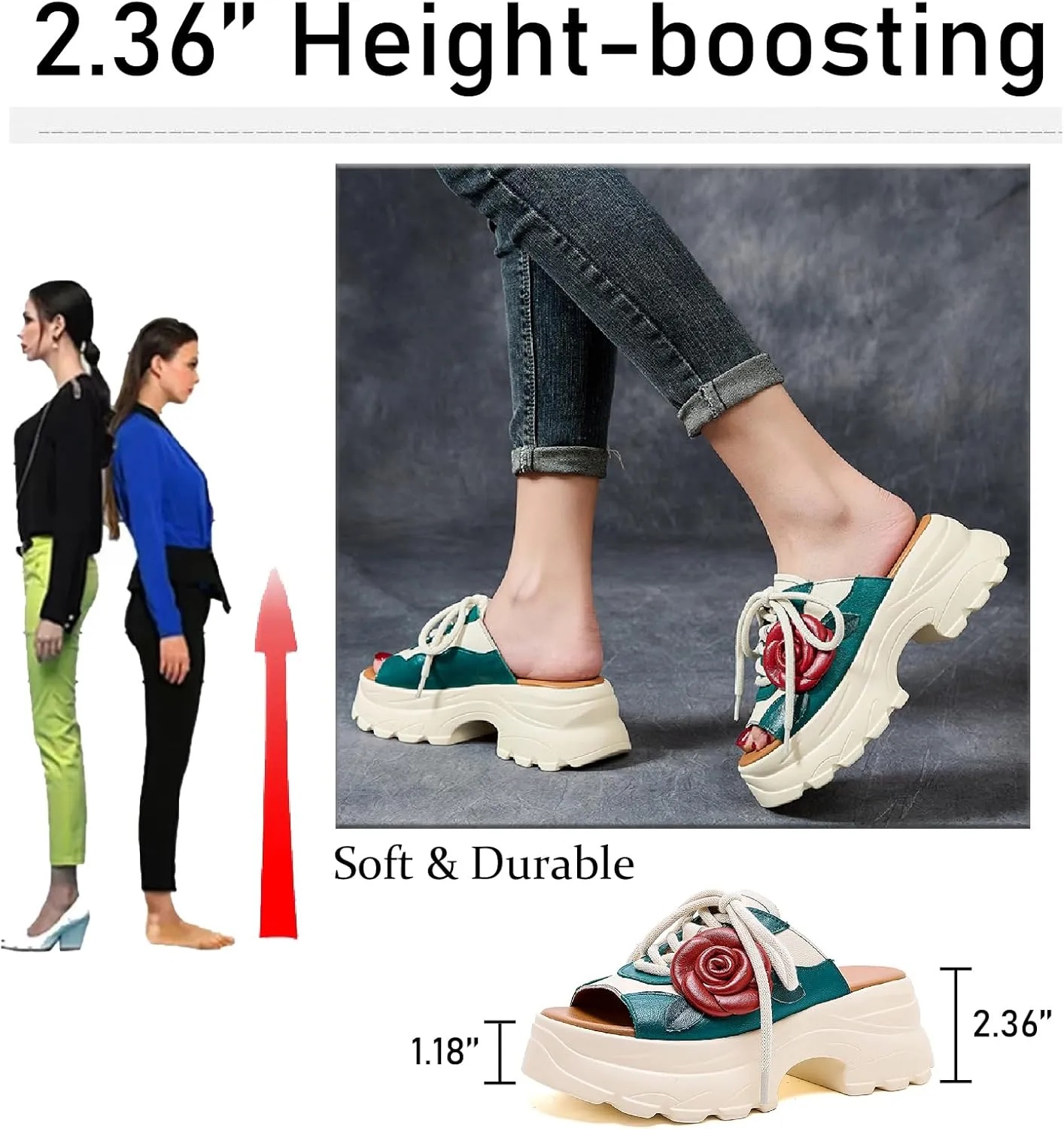 Women's Genuine Leather Flowers Platform Slides Sandals Retro Lace Up Comfortable Open Round Toe Slip-on Chunky Increase Height Slippers Anti-slip Lug Sole Summer Walking Sandals