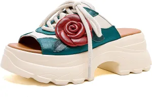 Women's Genuine Leather Flowers Platform Slides Sandals Retro Lace Up Comfortable Open Round Toe Slip-on Chunky Increase Height Slippers Anti-slip Lug Sole Summer Walking Sandals