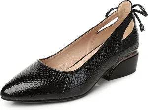 Women’s Genuine Leather Print Low Chunky Heel Dress Pumps Sexy Elegant Breathable Wear-Resistant Pointed Toe Shallow Mouth Slip-on Low Block Heel Pumps Shoes for Work Wedding Date