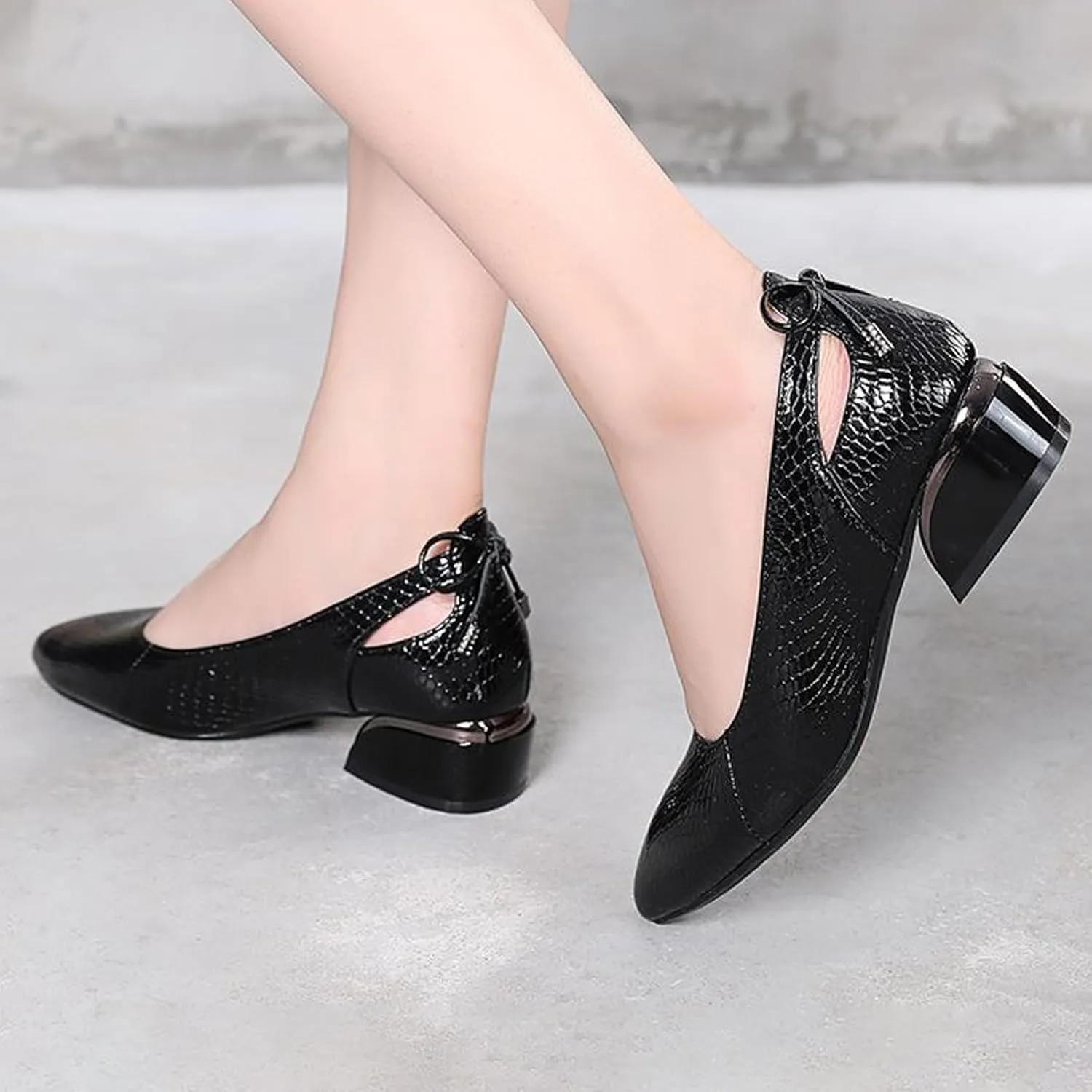 Women’s Genuine Leather Print Low Chunky Heel Dress Pumps Sexy Elegant Breathable Wear-Resistant Pointed Toe Shallow Mouth Slip-on Low Block Heel Pumps Shoes for Work Wedding Date