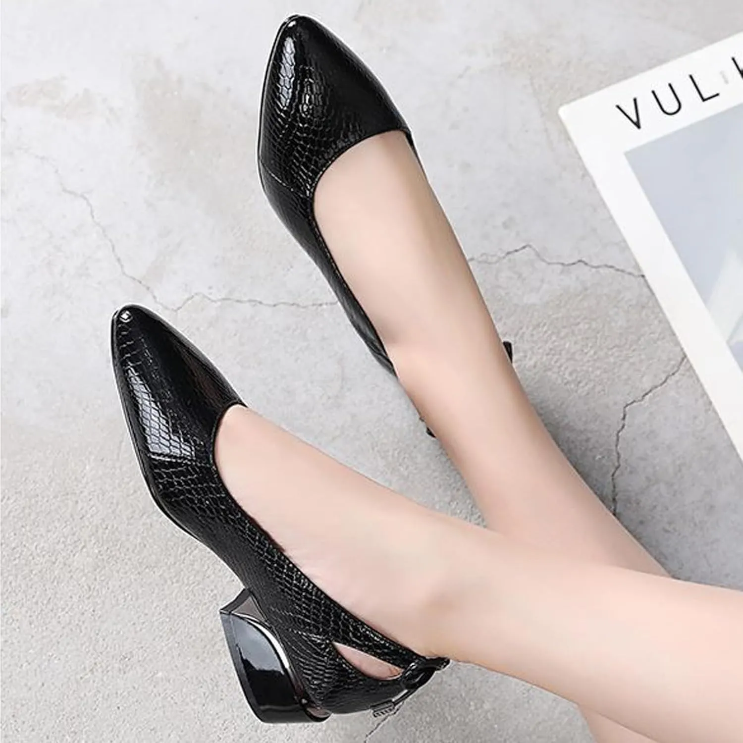 Women’s Genuine Leather Print Low Chunky Heel Dress Pumps Sexy Elegant Breathable Wear-Resistant Pointed Toe Shallow Mouth Slip-on Low Block Heel Pumps Shoes for Work Wedding Date