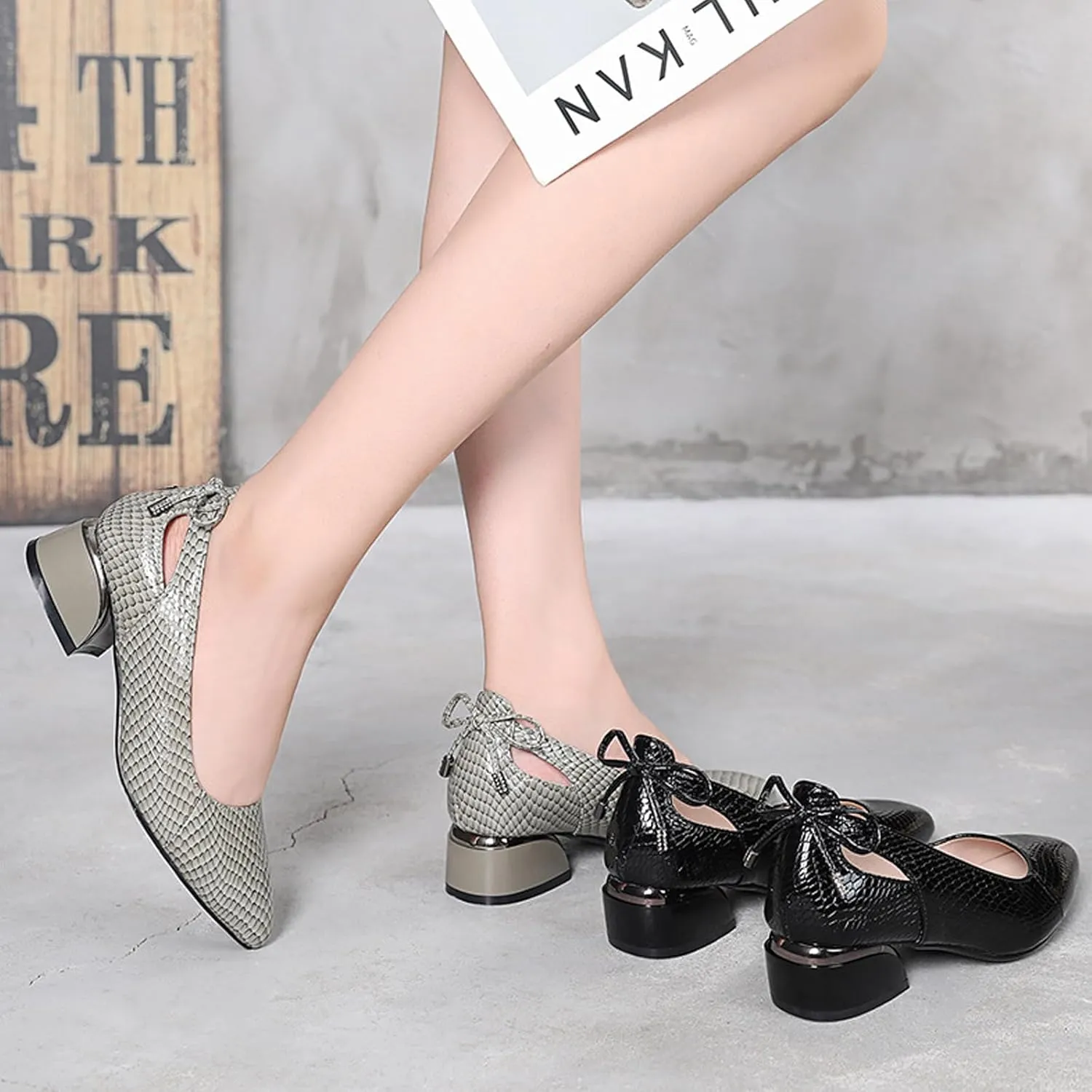 Women’s Genuine Leather Print Low Chunky Heel Dress Pumps Sexy Elegant Breathable Wear-Resistant Pointed Toe Shallow Mouth Slip-on Low Block Heel Pumps Shoes for Work Wedding Date